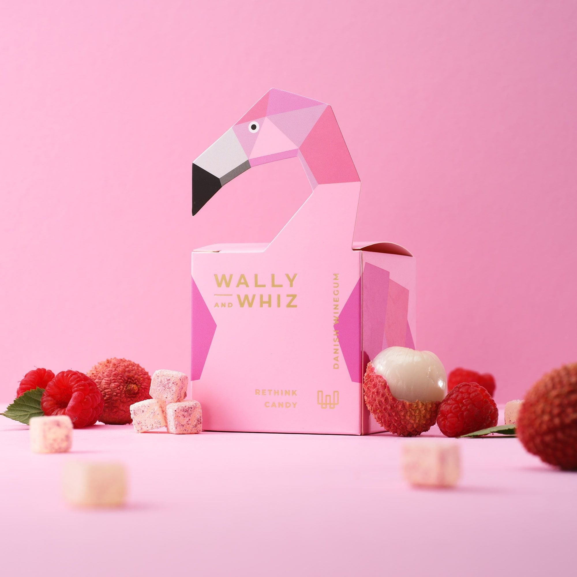 Wally and Whiz LOVE Vingummi Cube Lyserød Flamingo med Litchi med Hindbær, 140g
