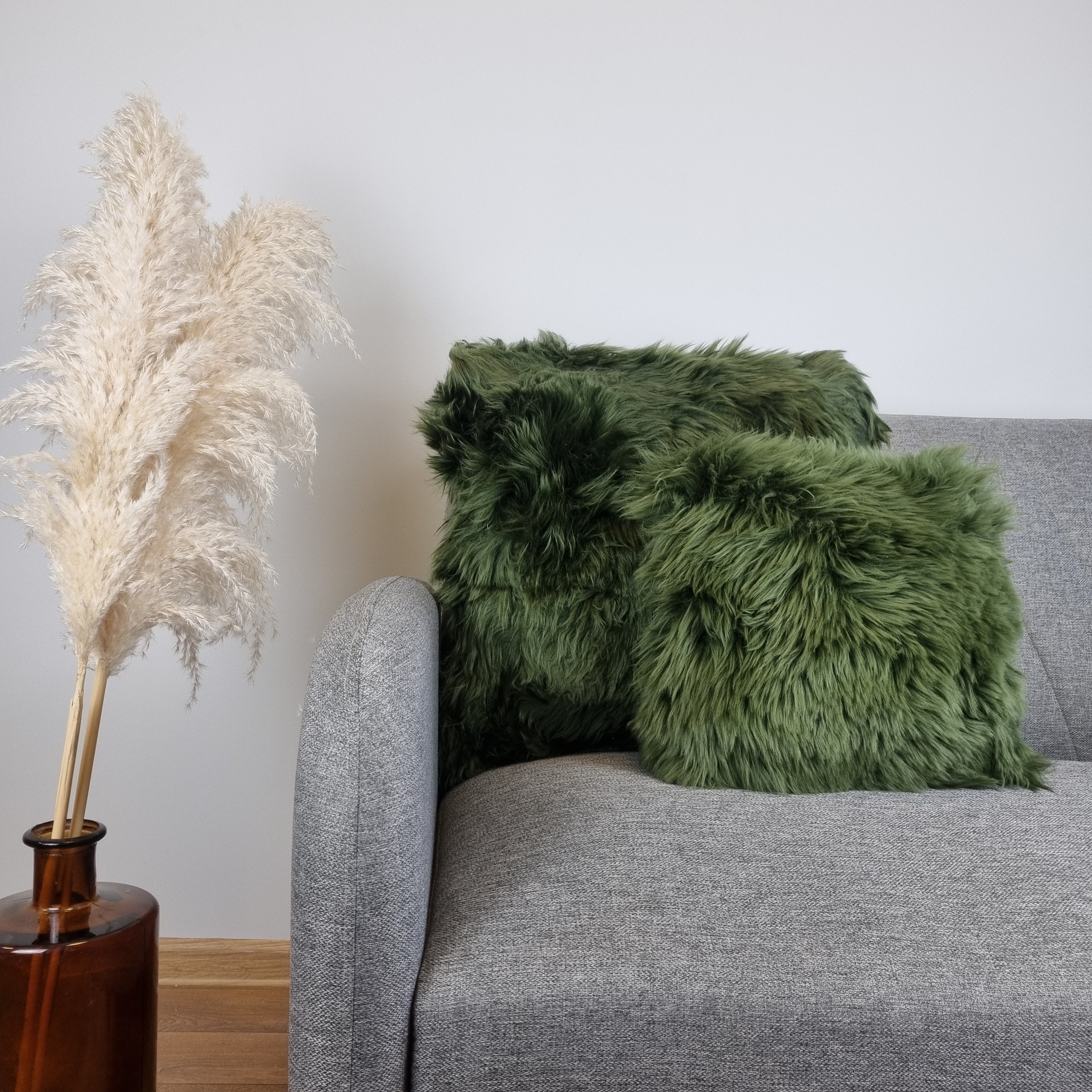 Green genuine sheepskin throw pillow
