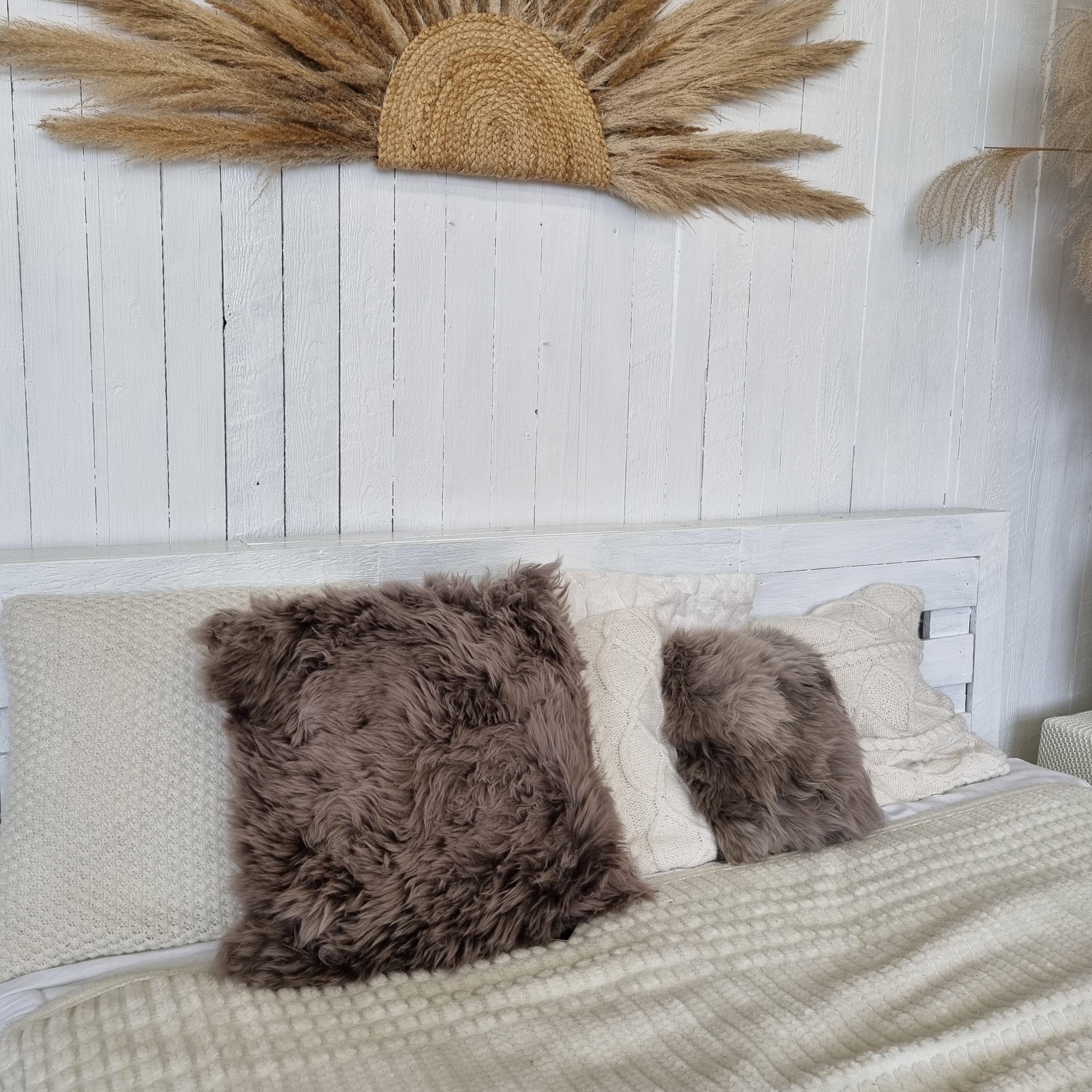 Taupe brown genuine sheepskin throw pillow