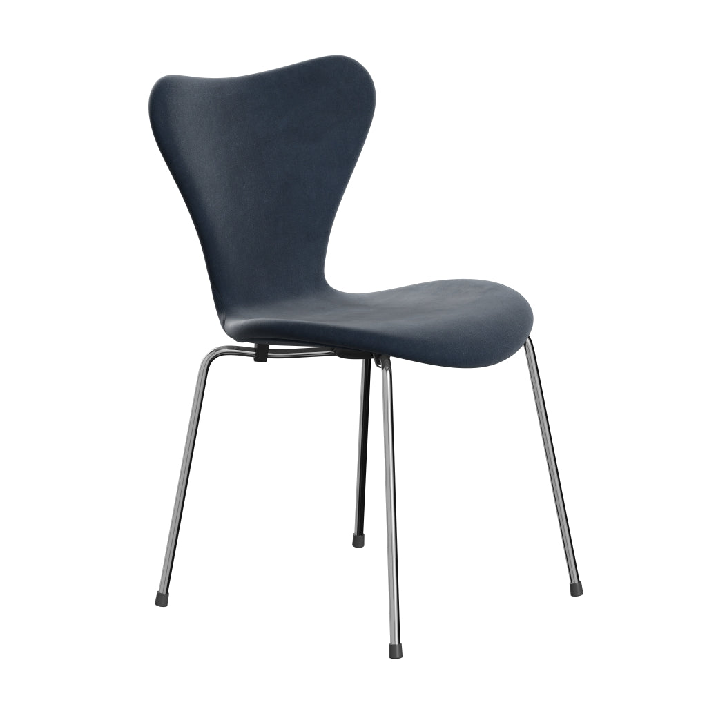 Fritz Hansen 3107 Chair Full Upholstery, Chrome/Belfast Velvet Grey Blue